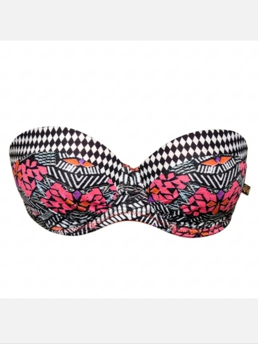 La Vie En Rose Aqua Bandeau Bikini Top Black Pink Geometric Strapless XS